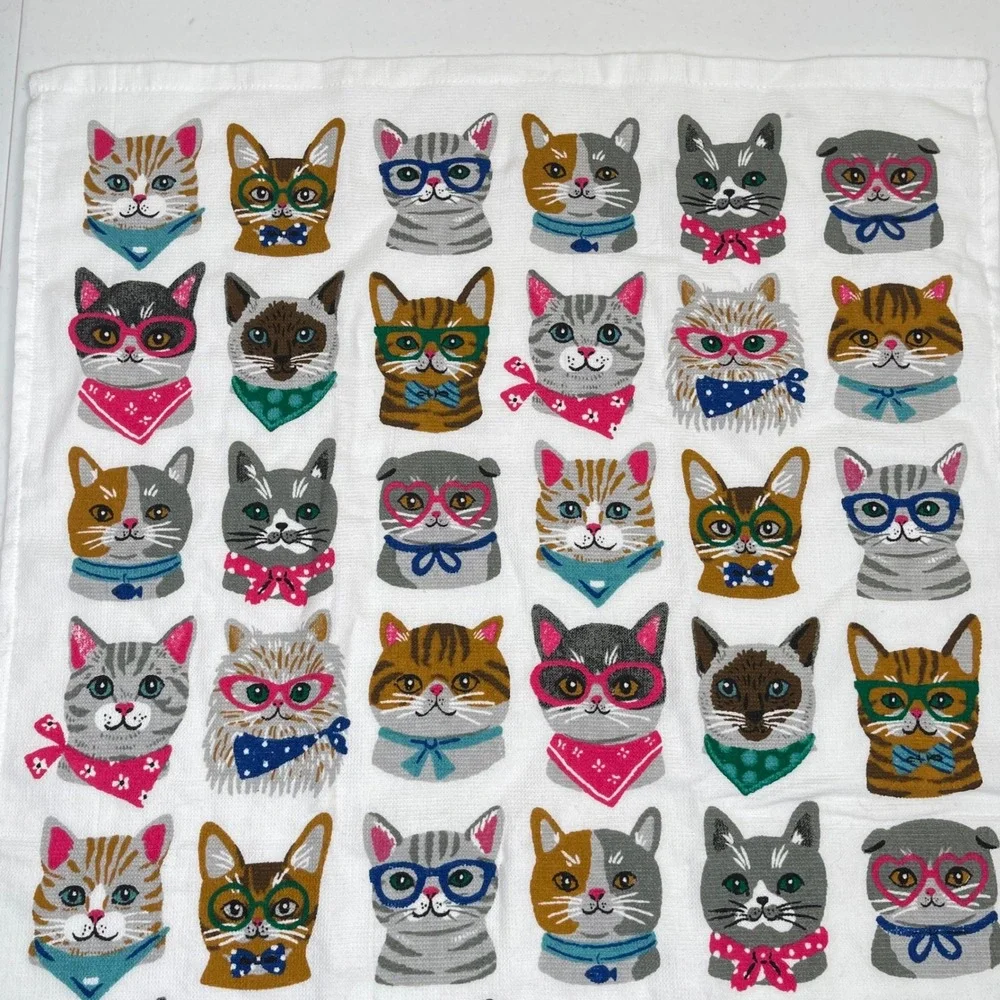 Humane‎ Society Retro Cat Print Hand Towel White Multi Glasses Bandana Mod